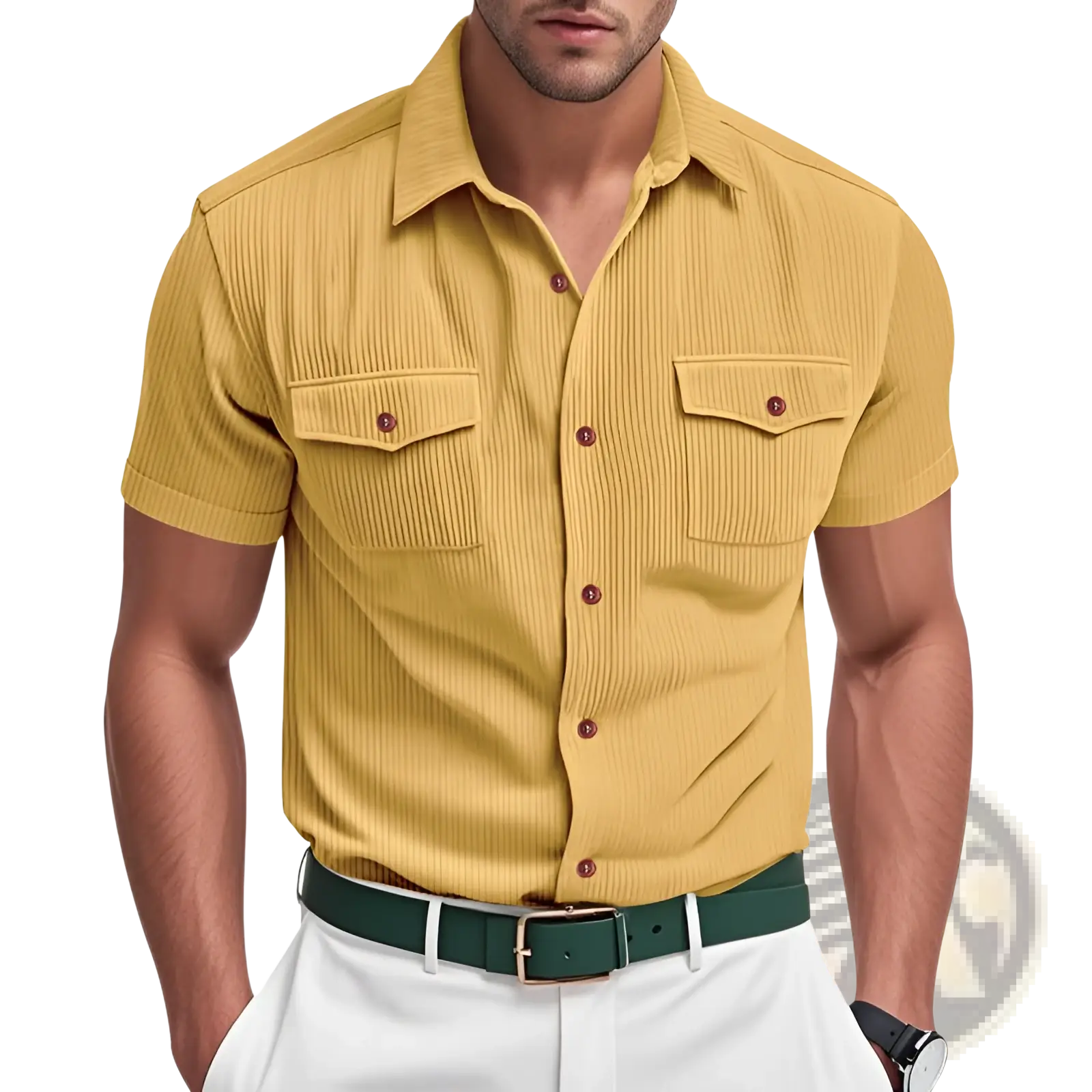 A mustard-yellow loose corduroy short sleeve workwear shirt with vertical ribbed texture and two chest pockets
