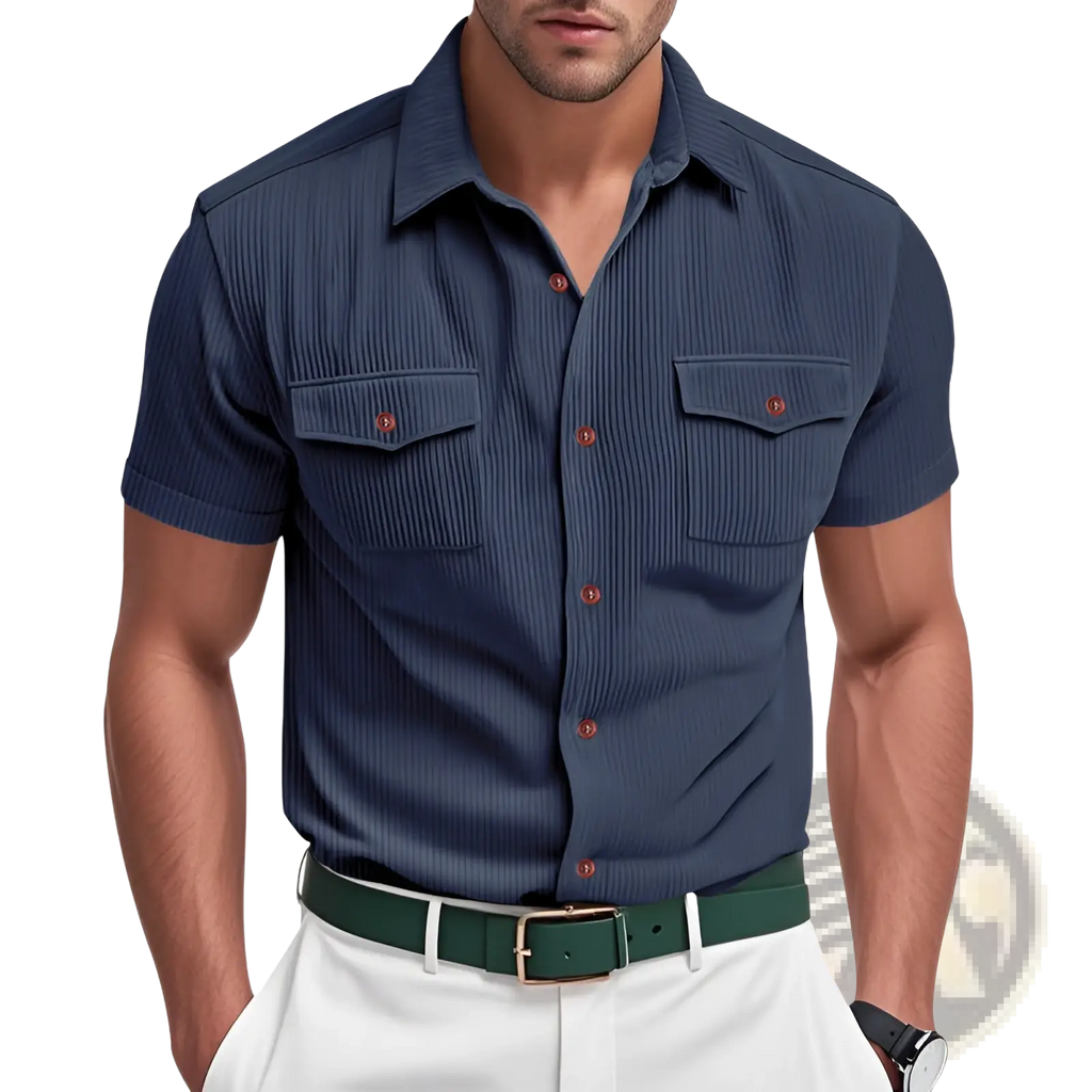 Navy blue loose corduroy short sleeve workwear shirt with vertical ribbed texture and brown buttons