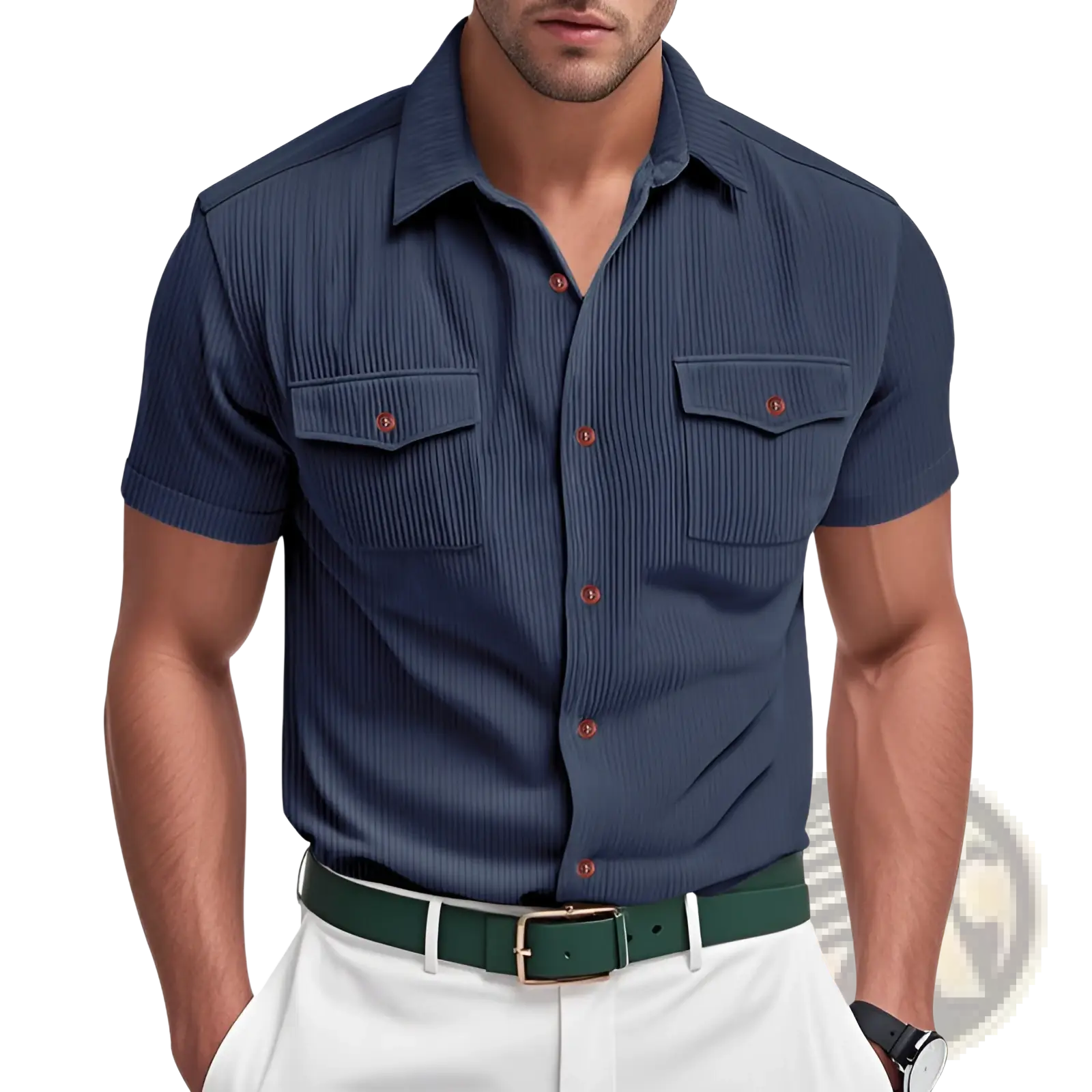 Navy blue loose corduroy short sleeve workwear shirt with vertical ribbed texture and brown buttons