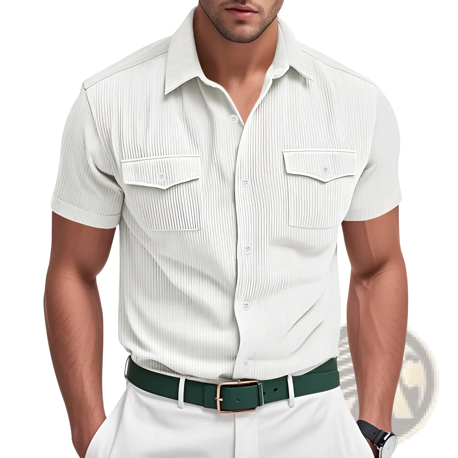 A crisp white loose corduroy short sleeve workwear shirt with vertical ribbed texture and two chest pockets