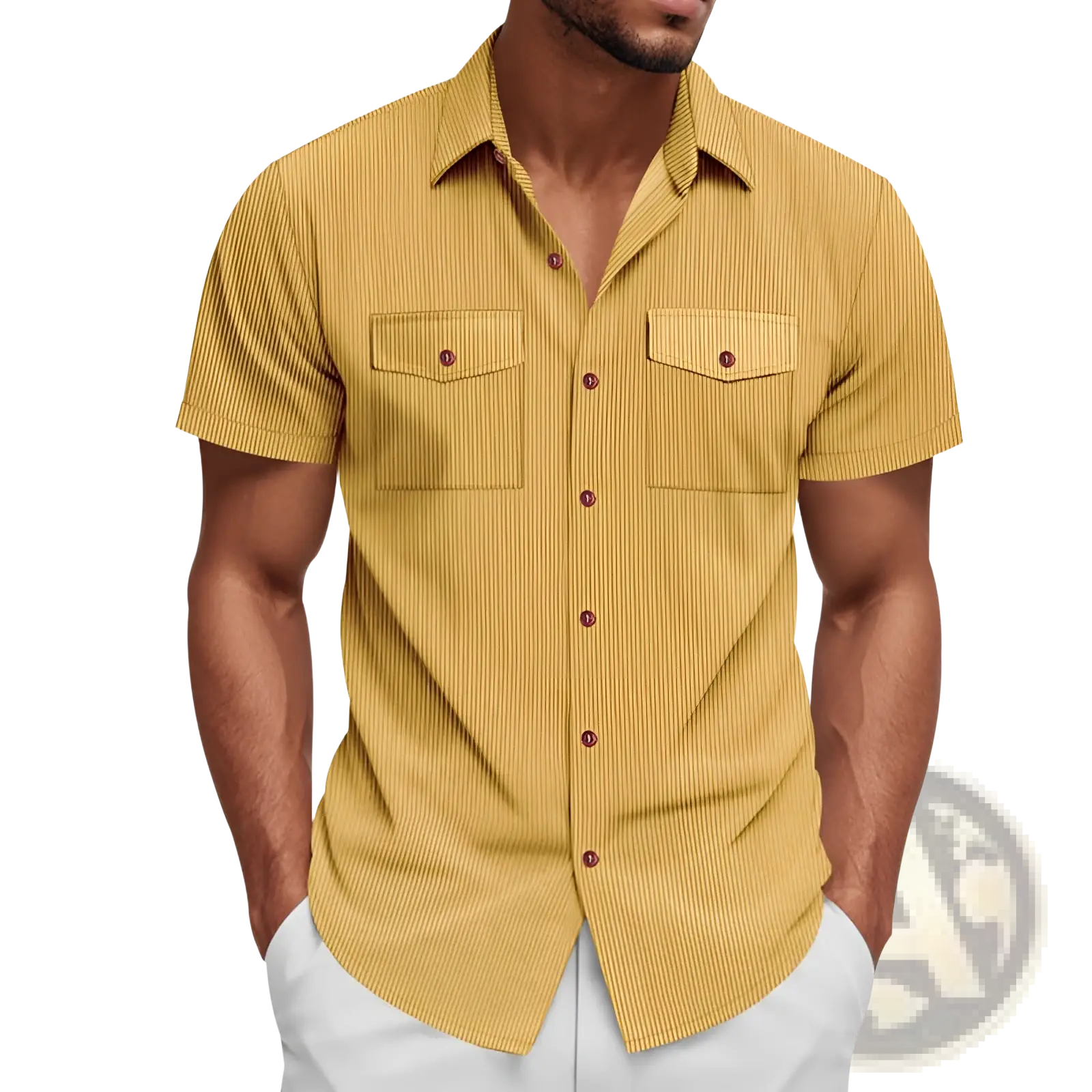 A mustard yellow loose corduroy short sleeve workwear shirt with fine vertical stripes and two chest pockets