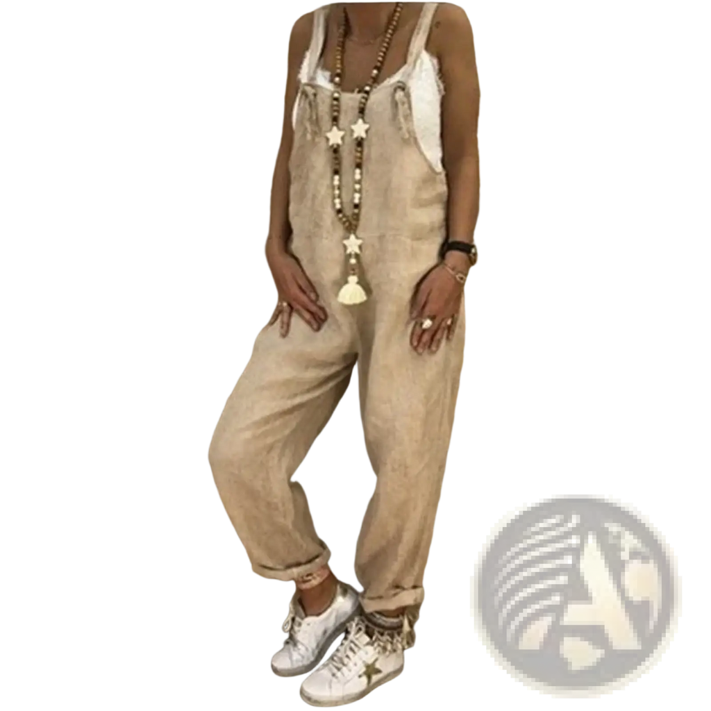 Beige linen loose summer overalls for women with white inner lining and adjustable shoulder straps