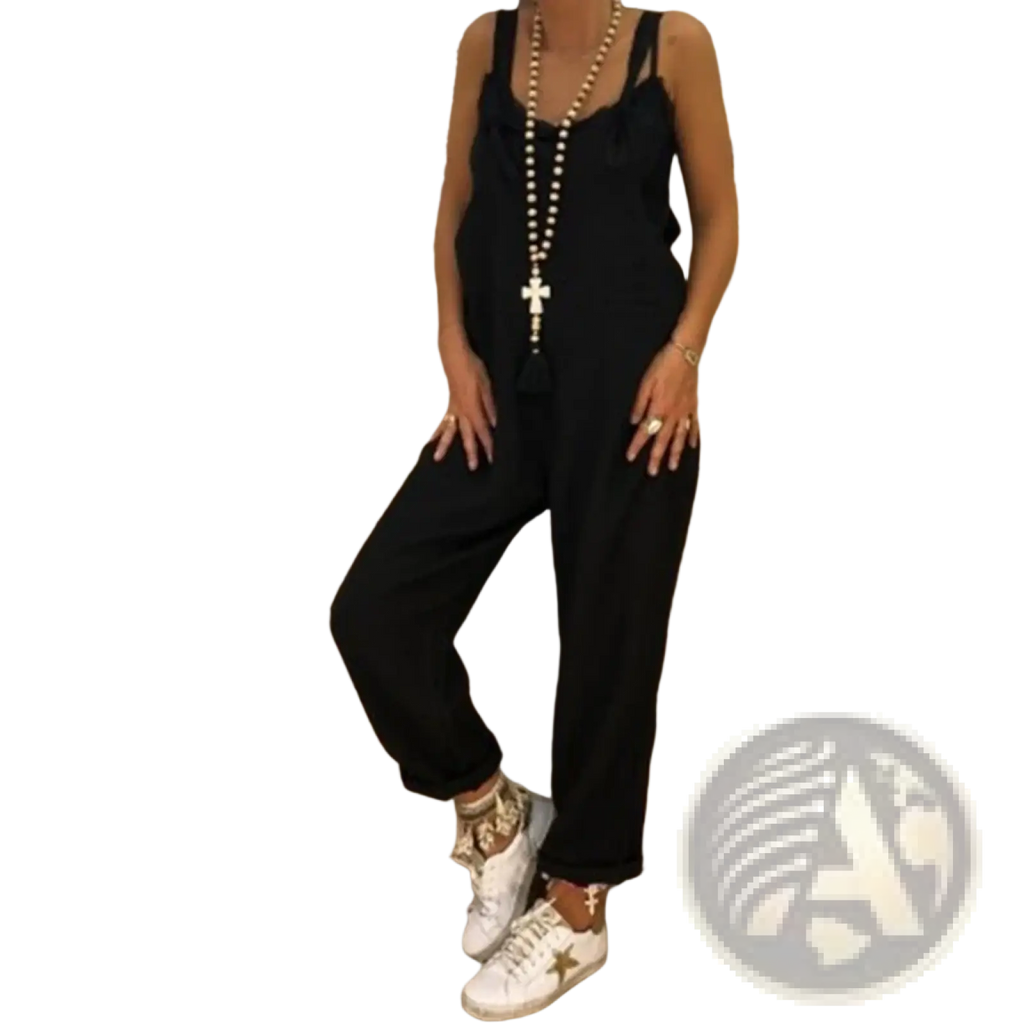 Black sleeveless loose denim summer overalls for women with wide-leg pants and a relaxed fit