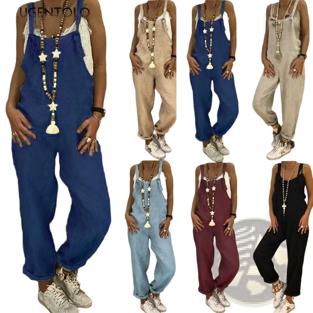Loose blue denim summer overalls for women with white lace trim and a star-shaped pendant necklace