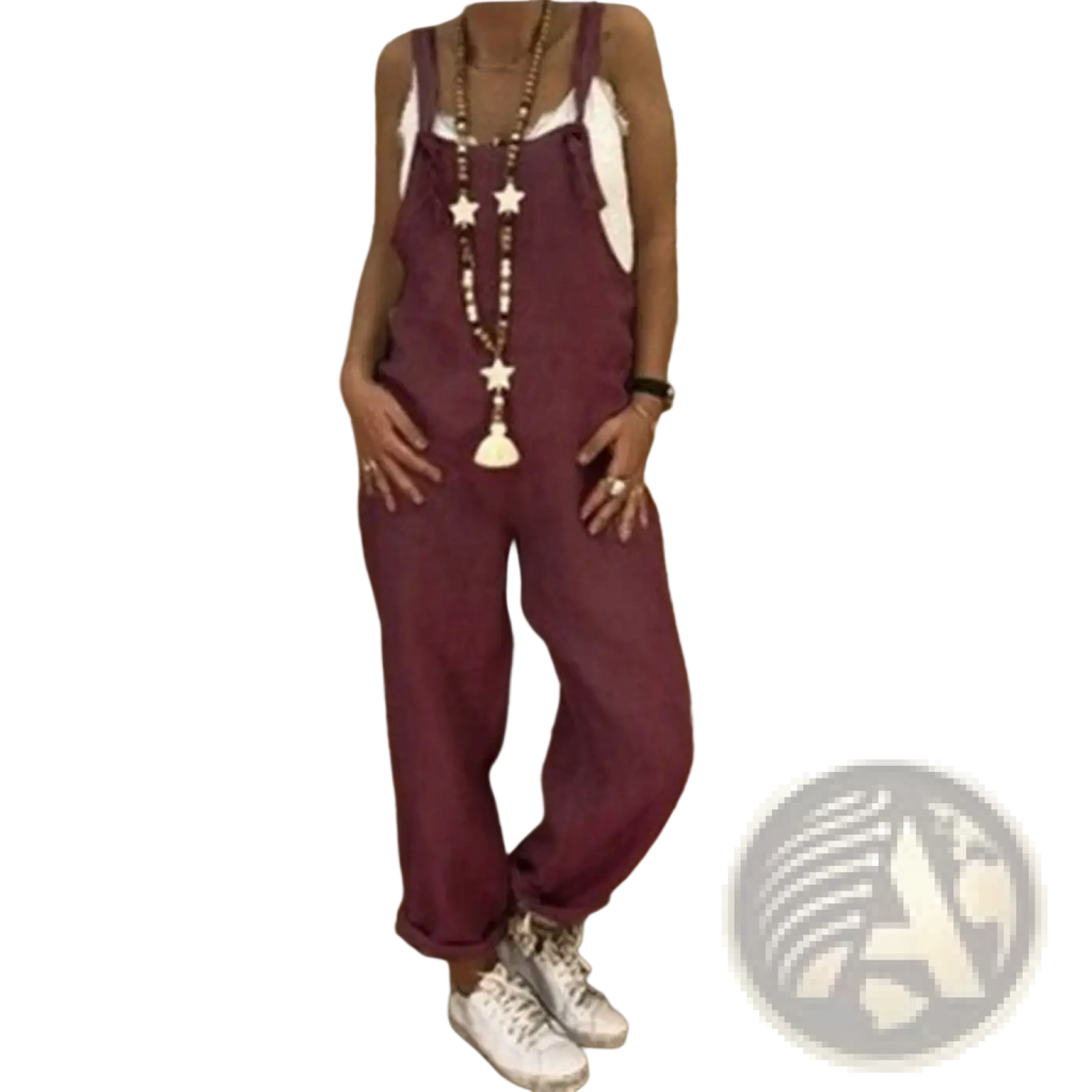 Purple denim-style loose summer overalls for women with adjustable straps and a relaxed fit