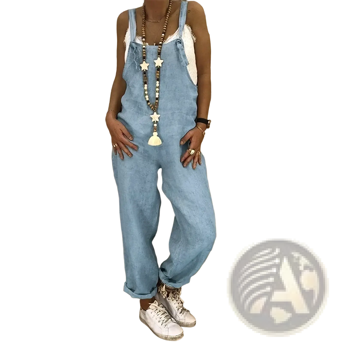 Light blue denim loose summer overalls for women with relaxed fit and rolled cuffs made of breathable denim fabric