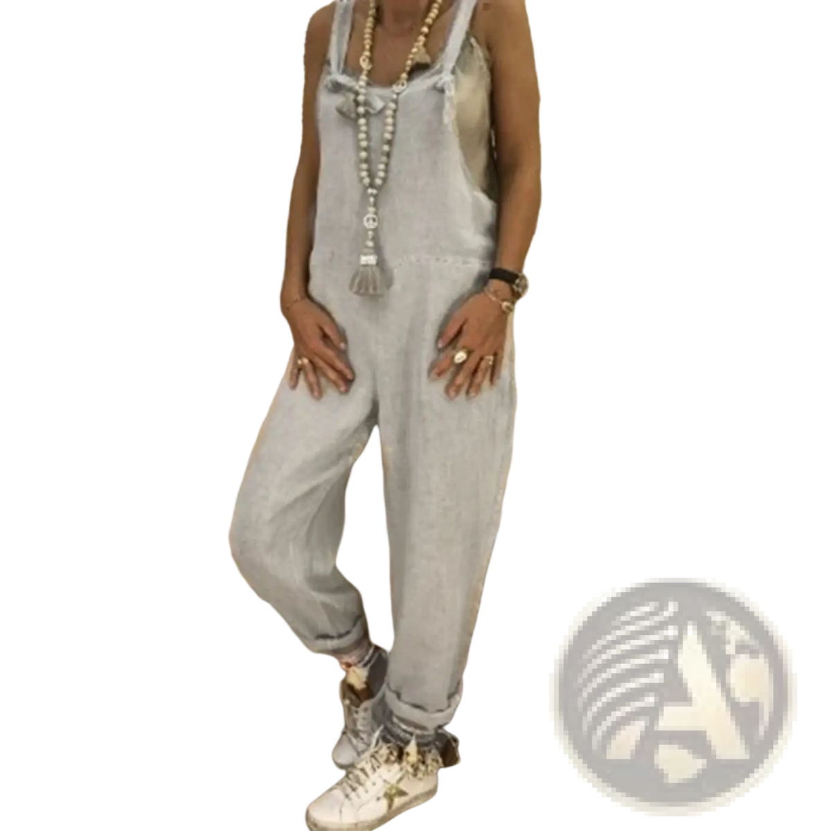 Light gray denim jumpsuit with adjustable shoulder straps and a relaxed casual fit for summer wear