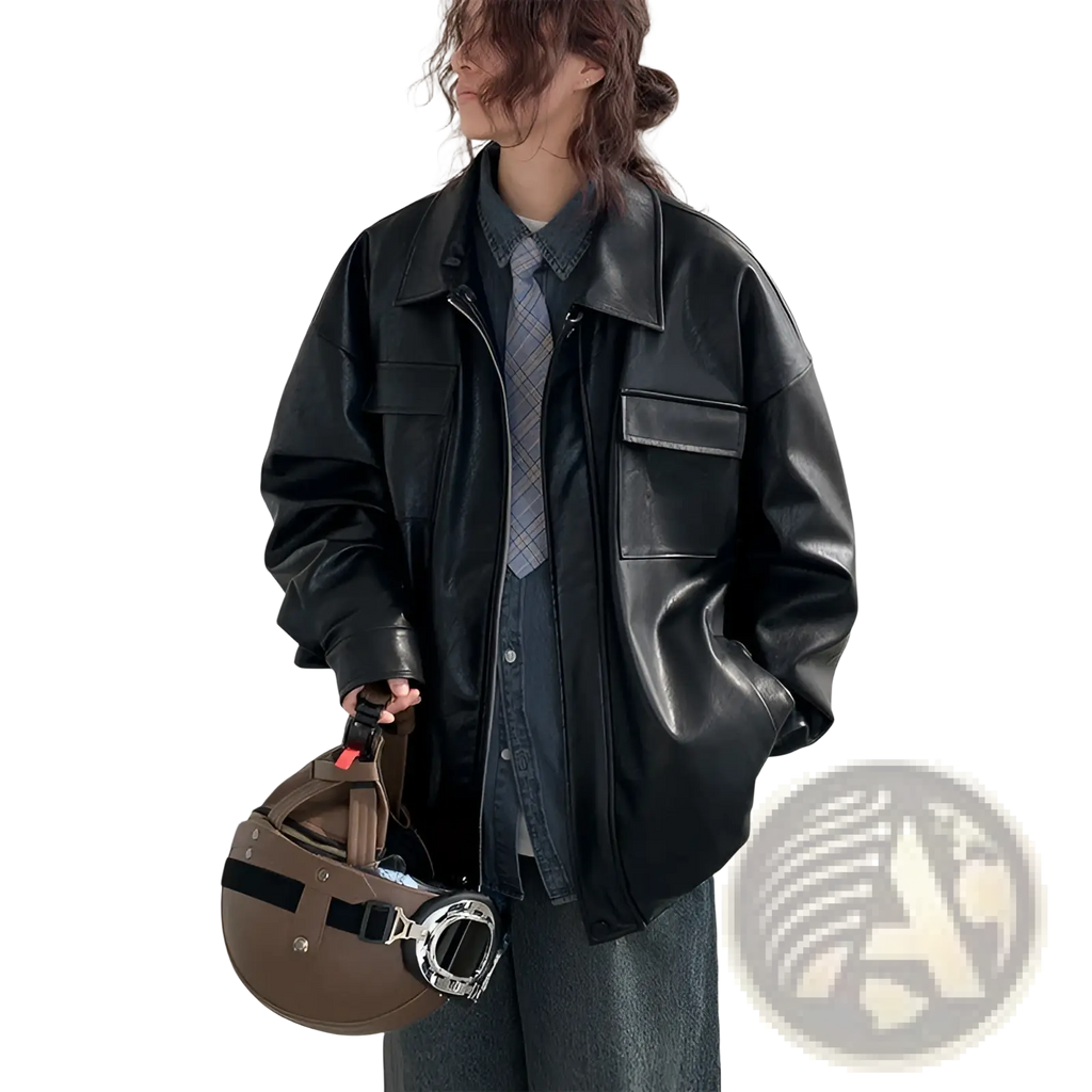 Black loose faux leather jacket with flap pockets and collar casual spring autumn pu coat front view