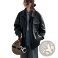 Black loose faux leather jacket with flap pockets and collar casual spring autumn pu coat front view