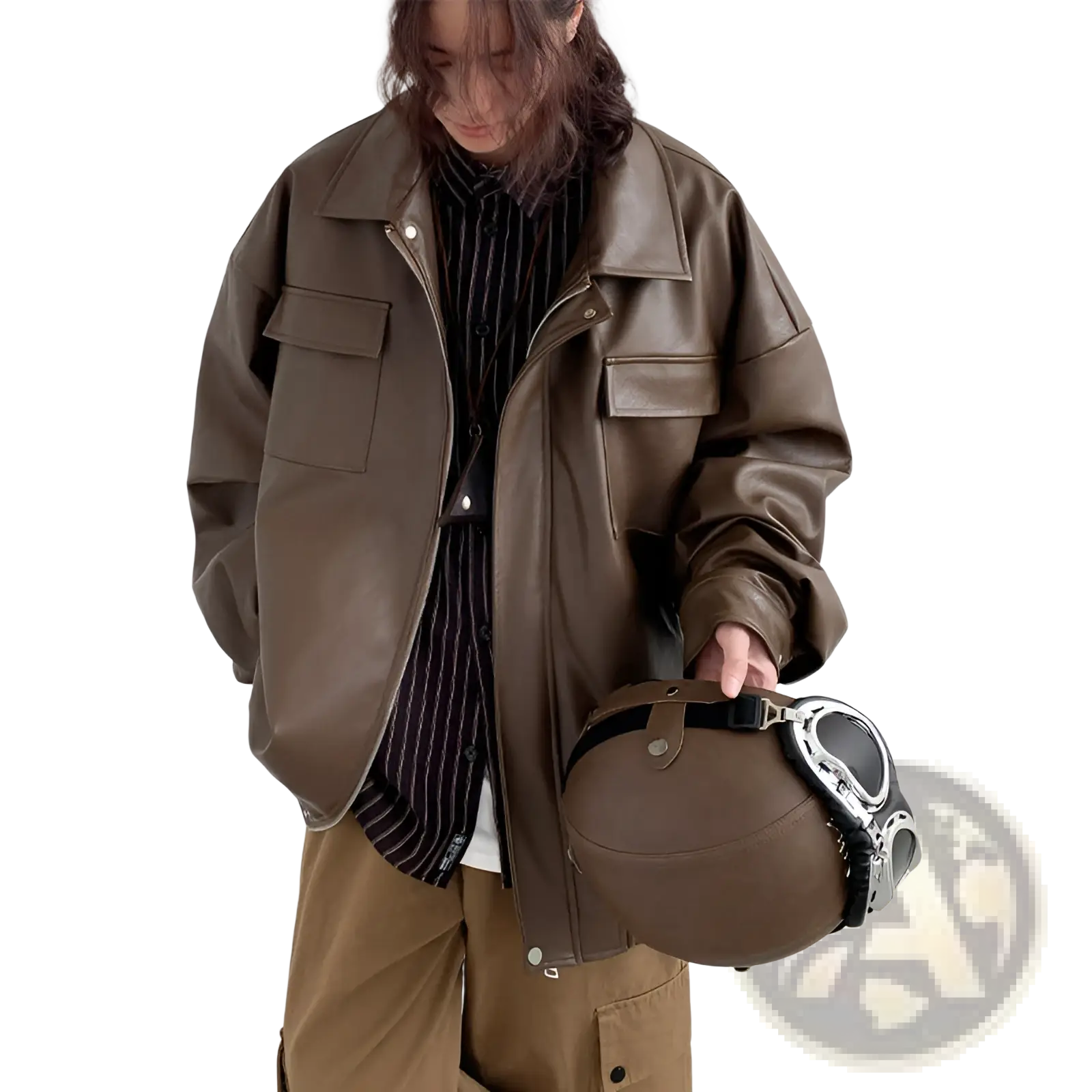 Brown leather loose casual spring autumn pu motorcycle jacket with flap pockets and silver zippers
