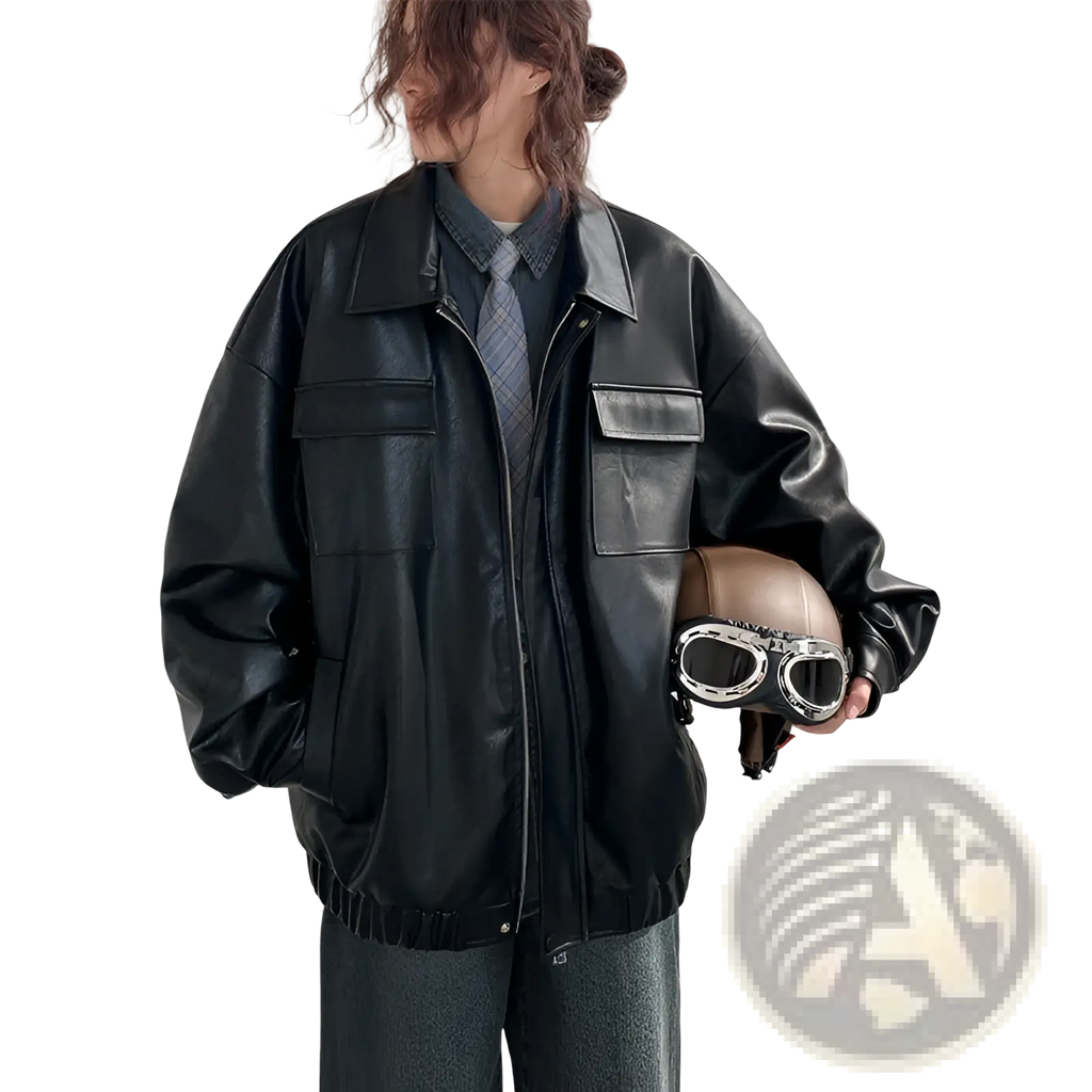 Black faux leather loose bomber jacket with relaxed fit and two front flap pockets for casual spring autumn wear