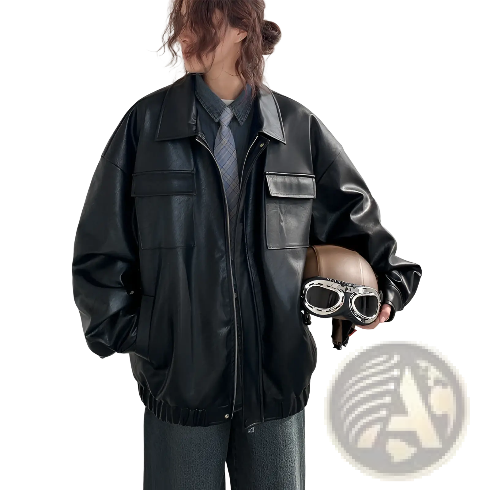 Black faux leather loose bomber jacket with relaxed fit and two front flap pockets for casual spring autumn wear