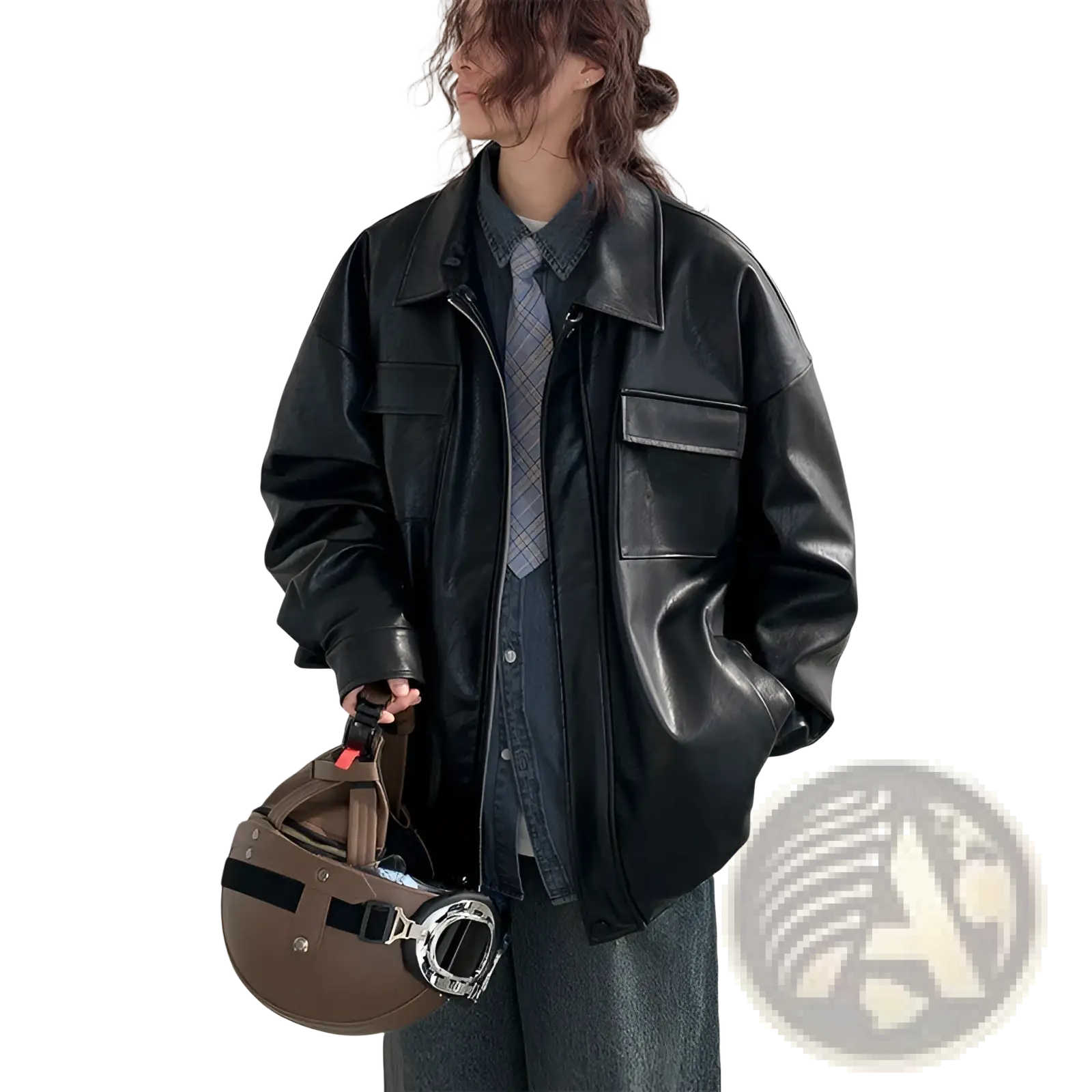 Black faux leather loose jacket with flap pockets and collar casual spring autumn pu coat front view