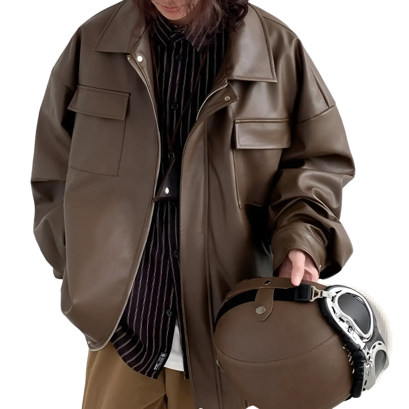 Brown leather loose casual spring autumn pu motorcycle jacket with flap pockets and zipper front closure