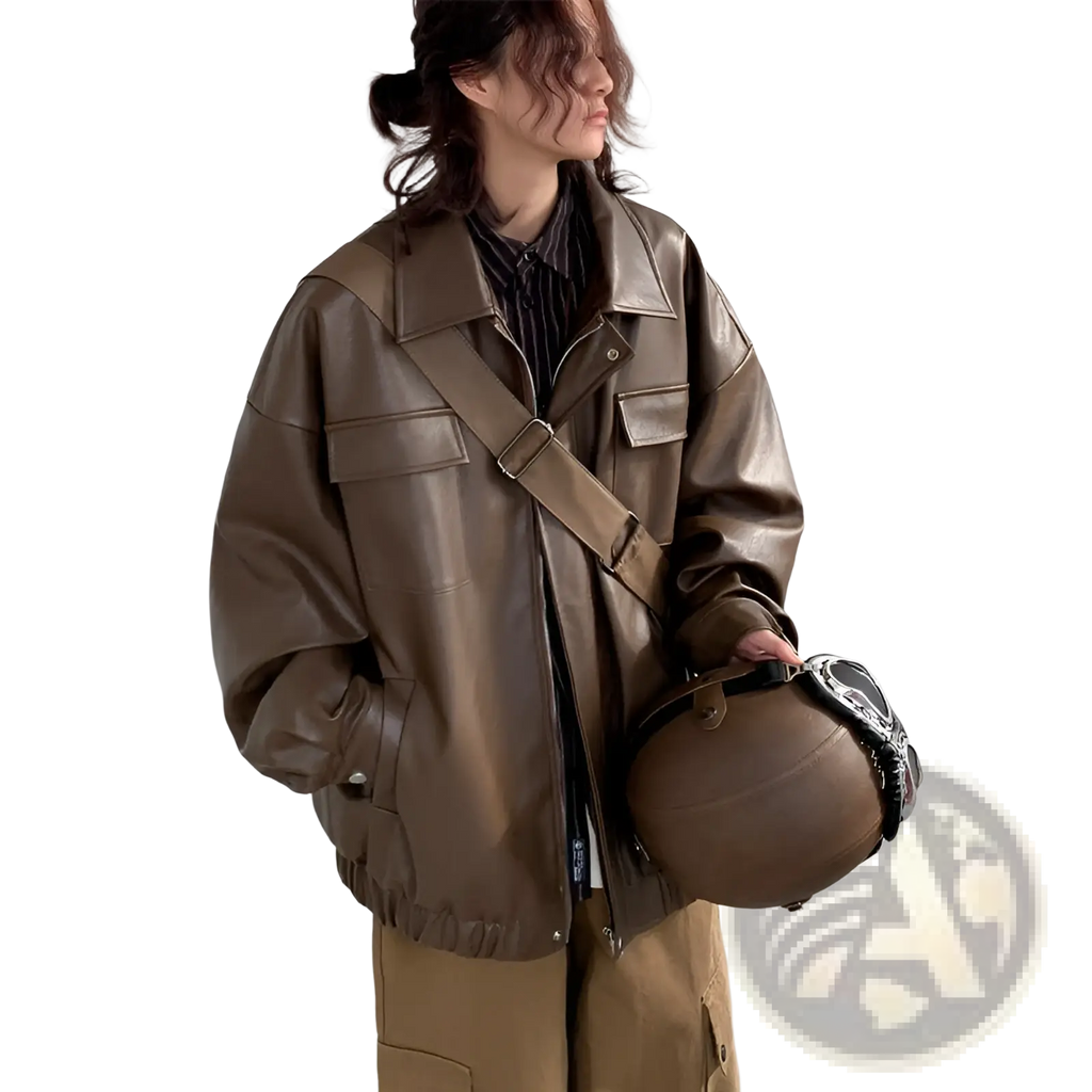 Brown faux leather bomber jacket with flap pockets and relaxed fit casual loose pu coat for spring and autumn wear