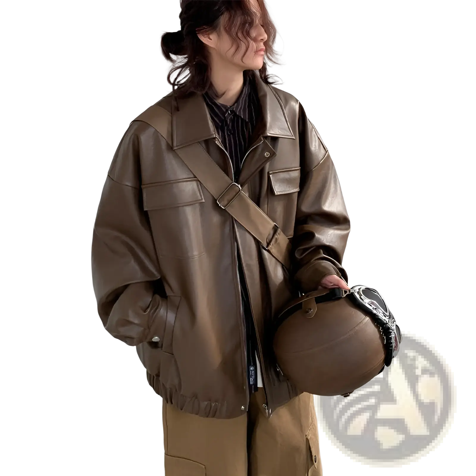 Brown faux leather bomber jacket with flap pockets and relaxed fit casual loose pu coat for spring and autumn wear