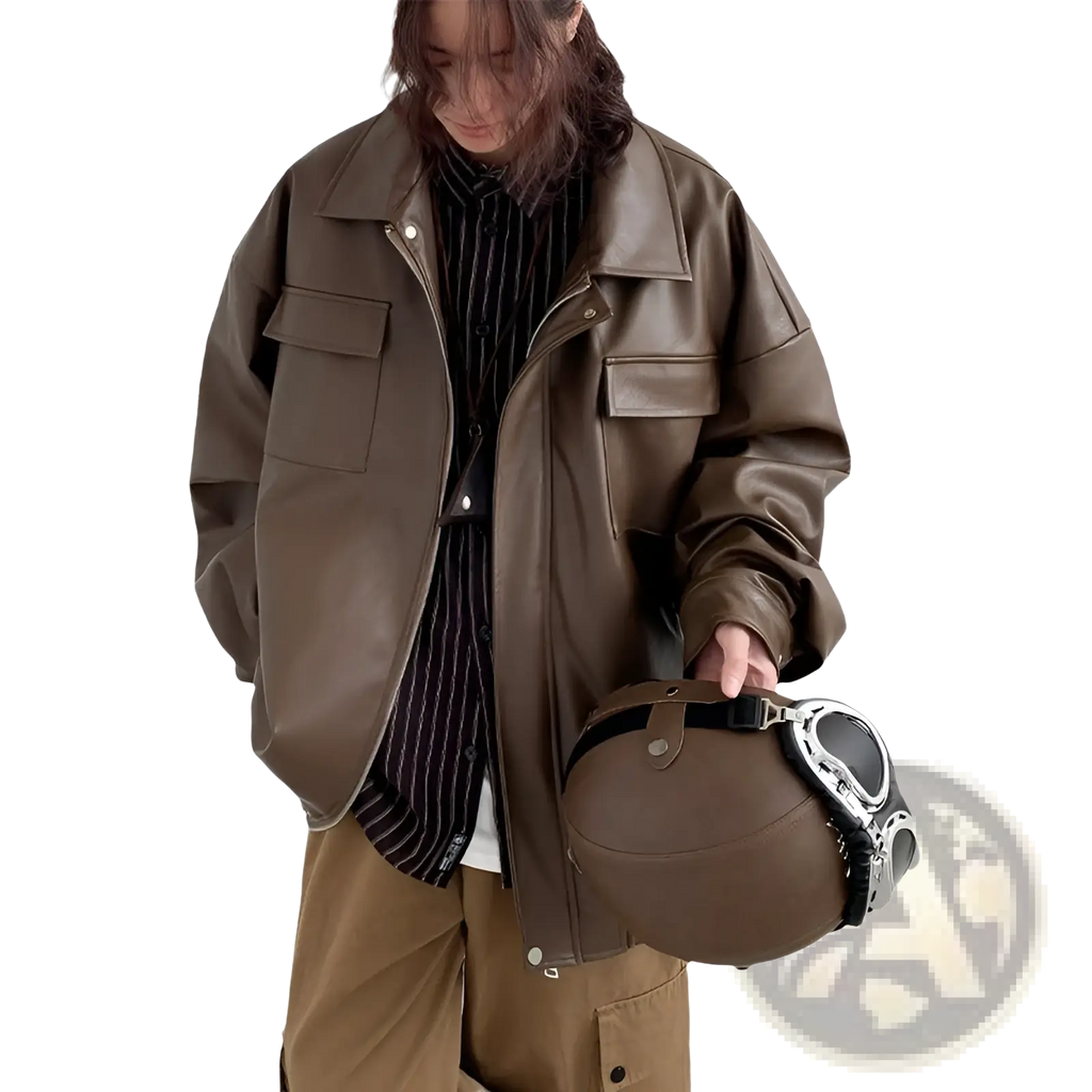 Brown faux leather loose motorcycle jacket with flap pockets and silver zippers casual spring autumn pu coat