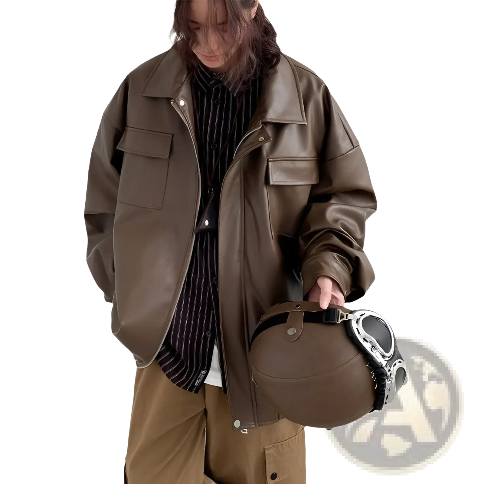 Brown faux leather loose motorcycle jacket with flap pockets and silver zippers casual spring autumn pu coat
