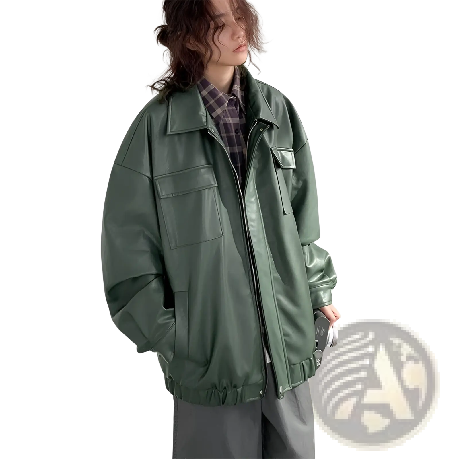 Olive green loose faux leather jacket with relaxed fit front zipper and chest pockets casual spring autumn pu coat