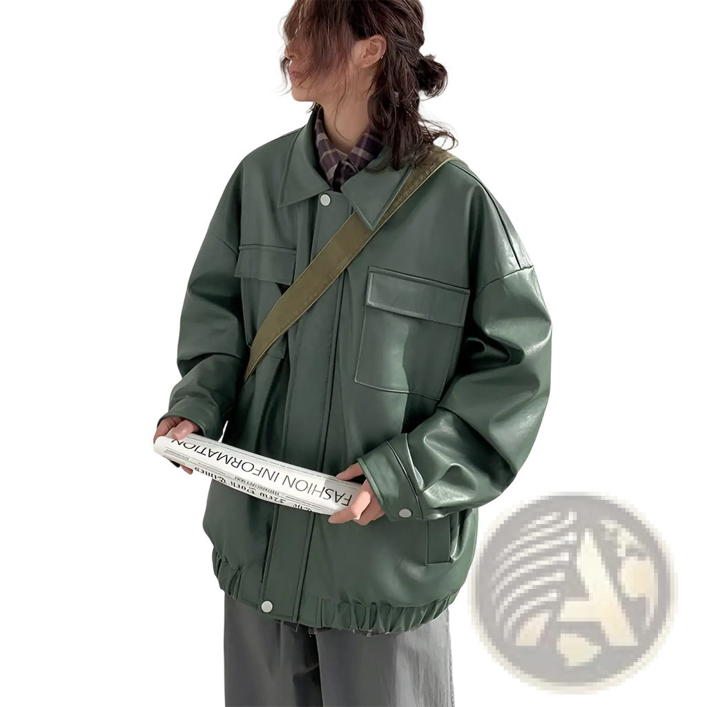 Olive green faux leather loose jacket with flap pockets and button closures for casual spring autumn wear
