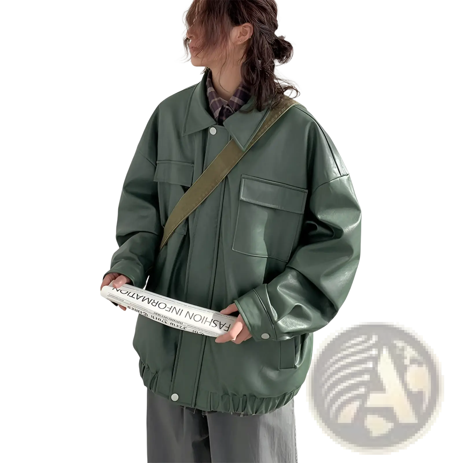 Olive green faux leather loose jacket with flap pockets and button closures for casual spring autumn wear
