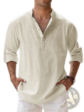 Beige loose linen blend breathable long sleeve sports shirt with button down front and rolled sleeves in subtle texture