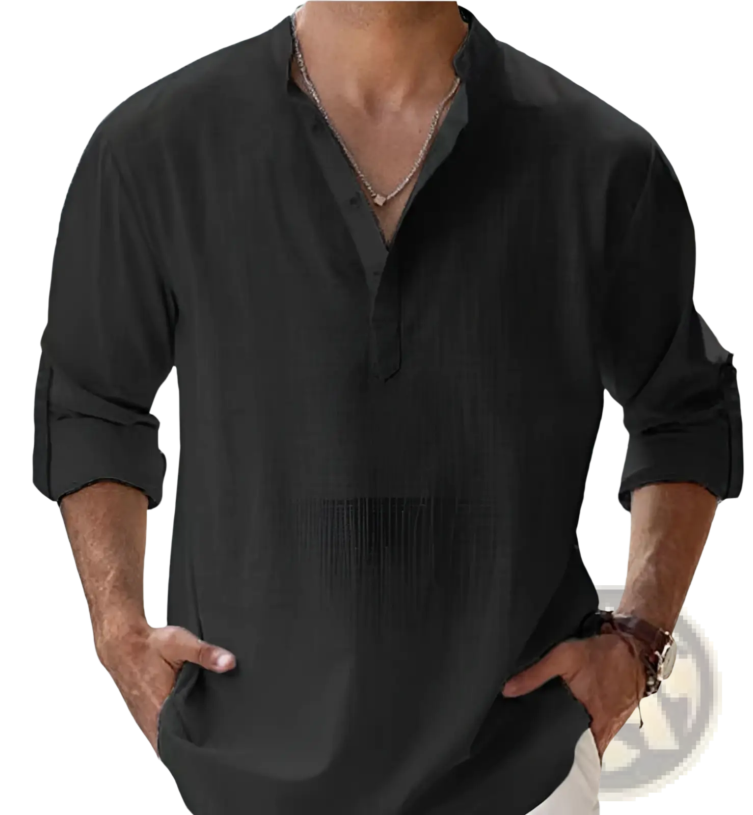 Black long sleeve men’s casual linen blend shirt with relaxed fit and rolled cuffs for breathable sportswear use