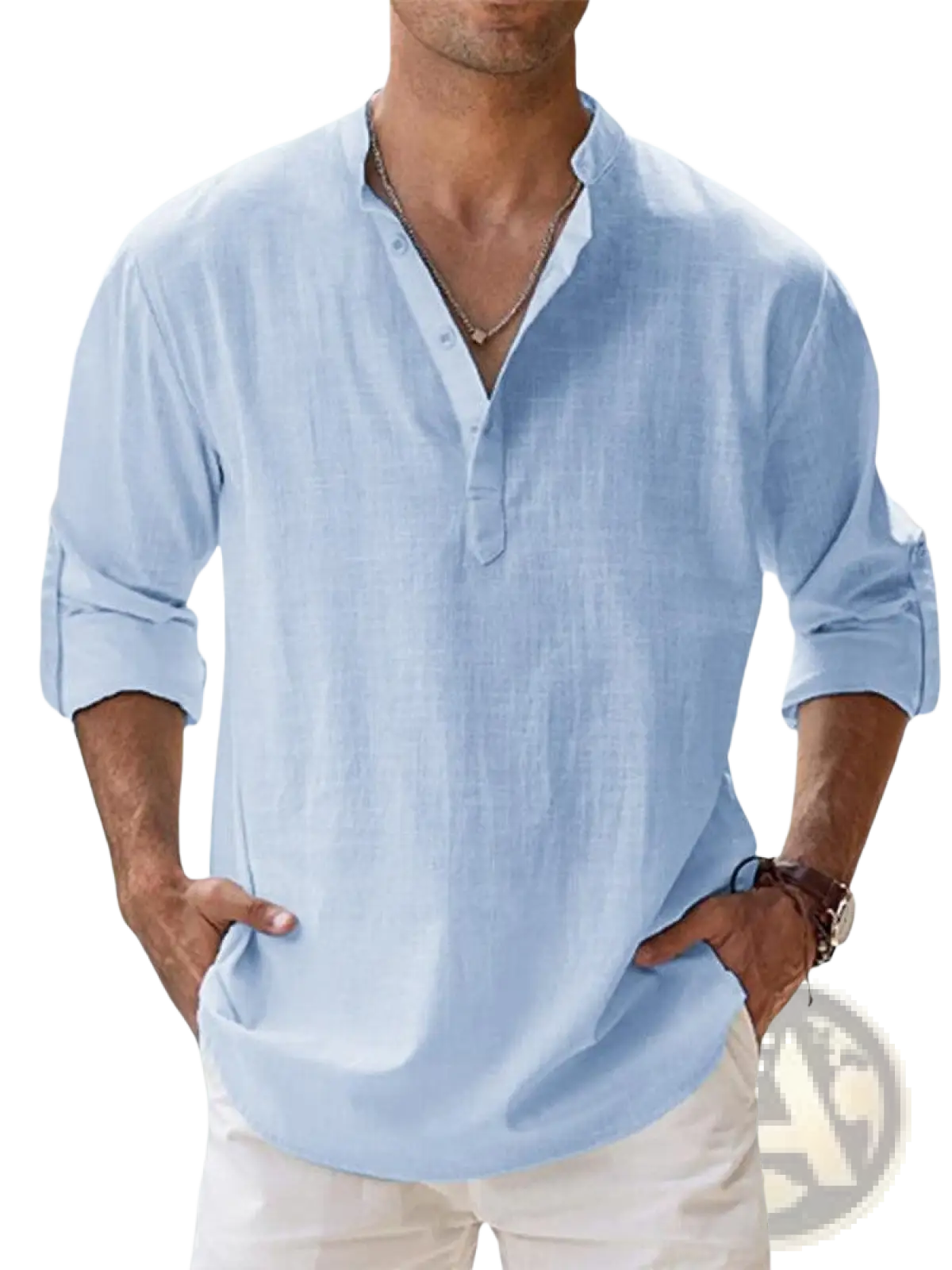 Light blue loose linen blend breathable long sleeve sports shirt with rolled cuffs and buttoned placket