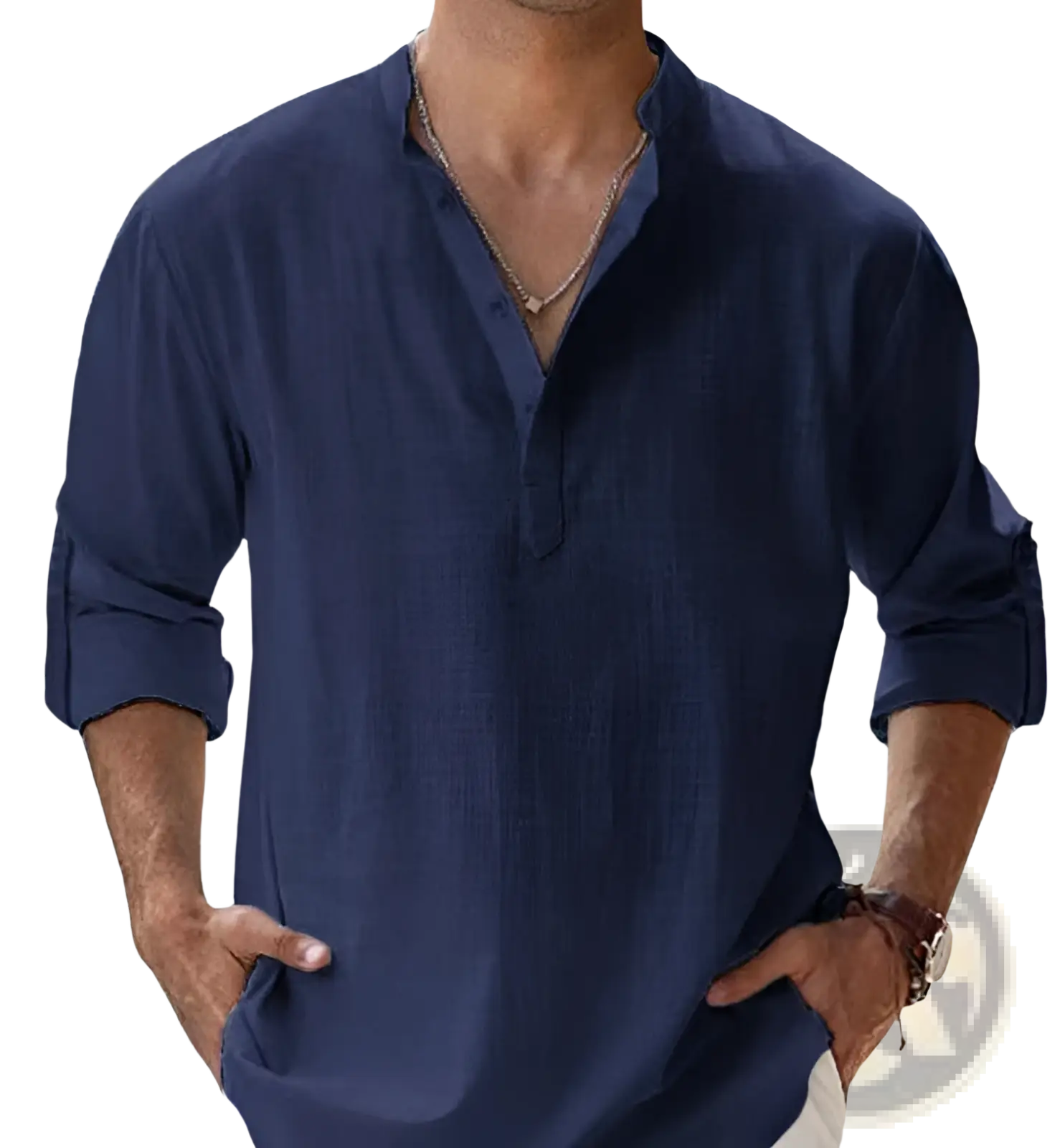 Navy blue loose linen blend breathable long sleeve sports shirt with rolled-up sleeves and buttoned placket