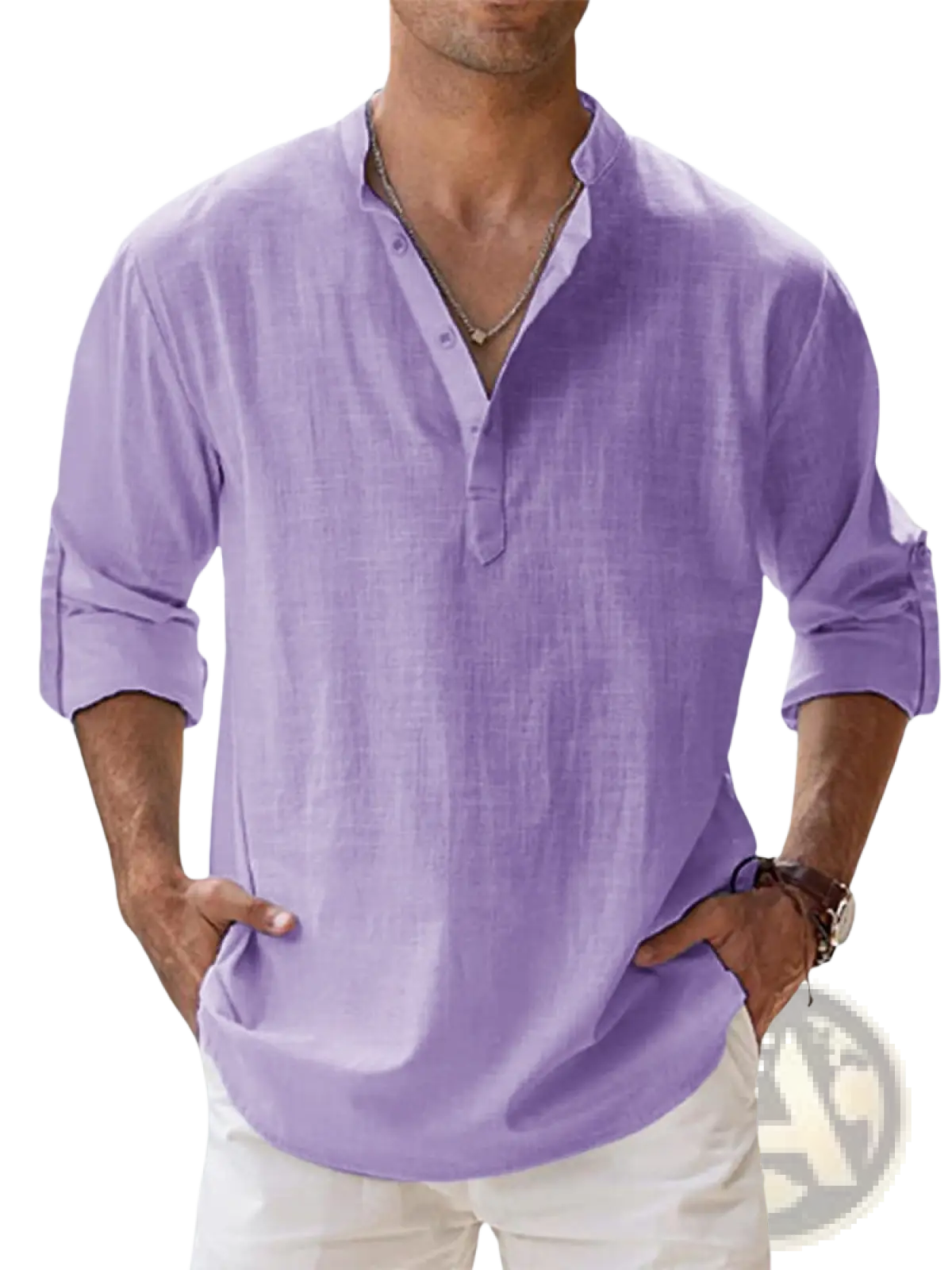 A light purple loose linen blend breathable long sleeve sports shirt with buttoned placket and rolled cuffs