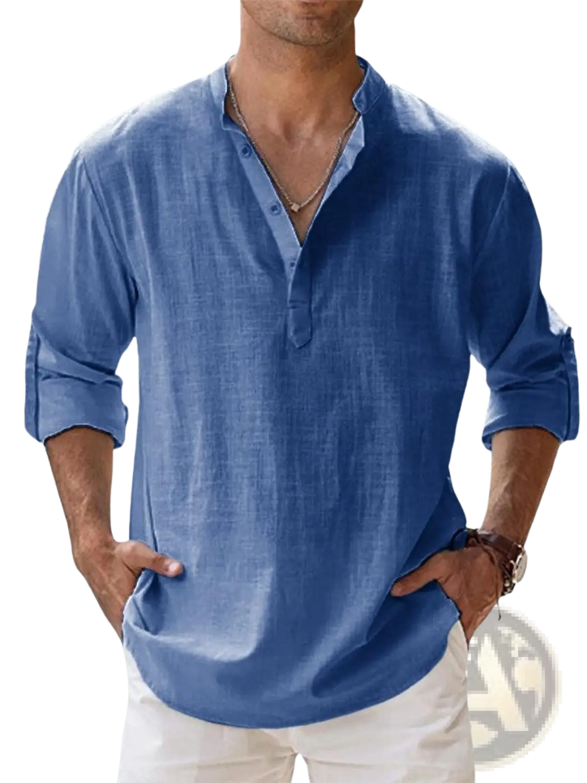Blue linen blend button-up shirt with rolled sleeves and collar breathable long sleeve sports shirt for casual wear