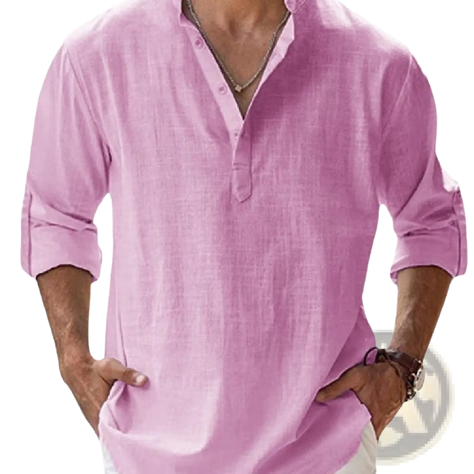 A light pink loose linen blend breathable long sleeve sports shirt with buttoned placket and rolled cuffs