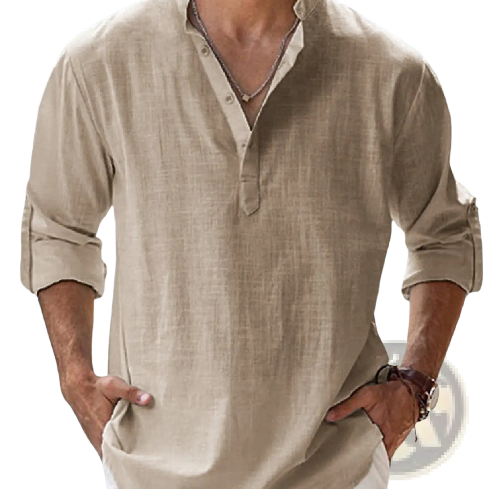 Beige loose linen blend breathable long sleeve sports shirt with button-down front and rolled sleeves in relaxed fit