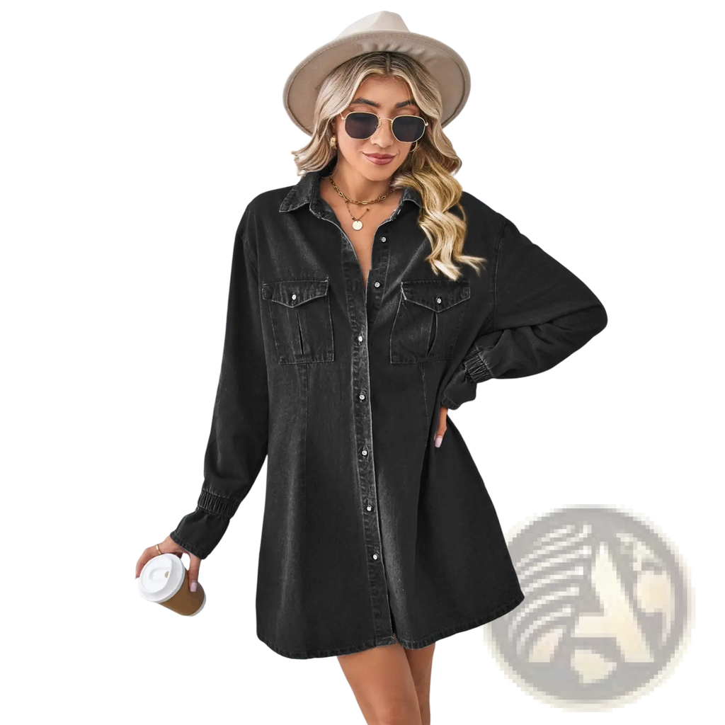 Black denim a-line shirt dress with loose long sleeves, button closure, and two front pockets