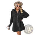 Black denim a-line shirt dress with loose long sleeves, button closure, and two front pockets