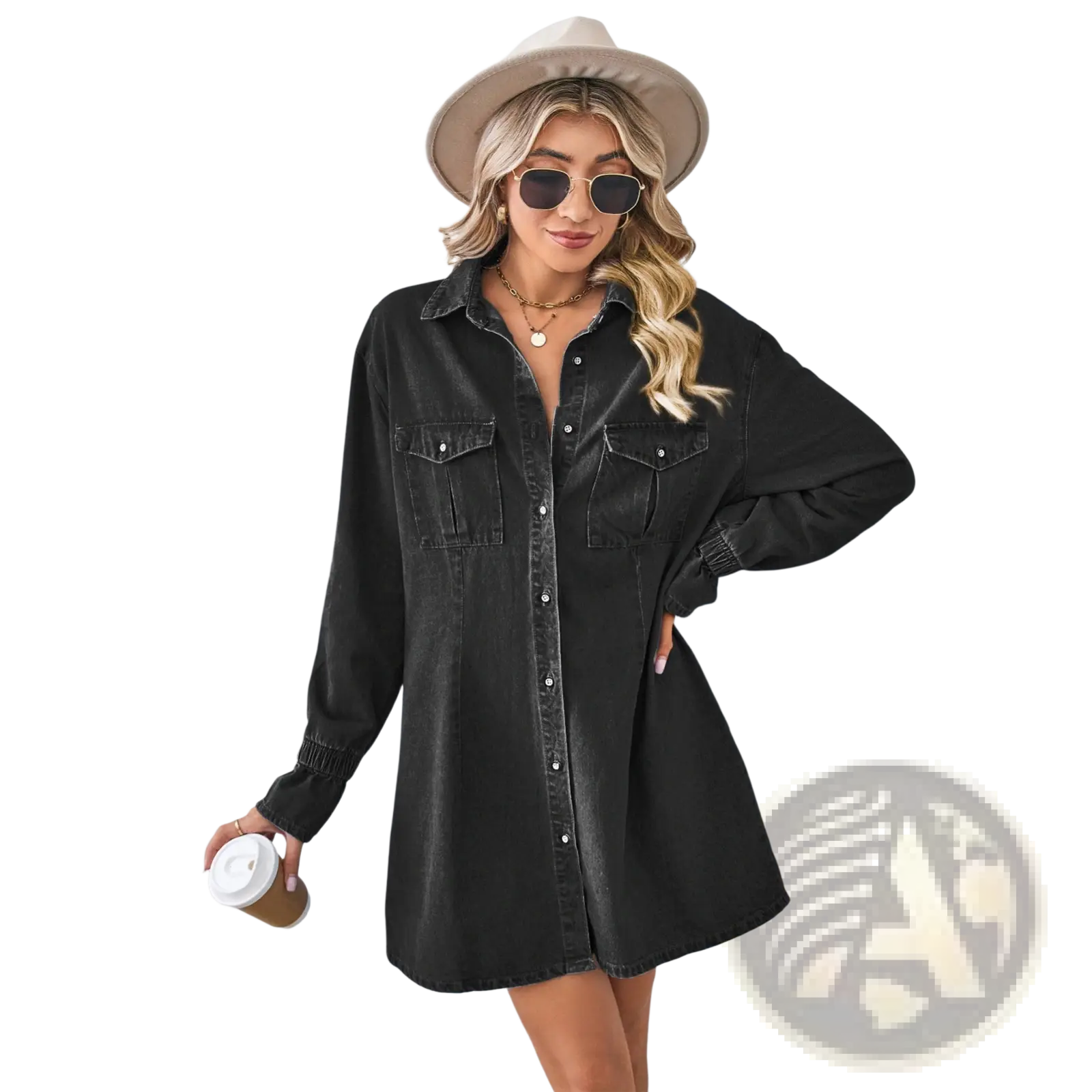 Black denim a-line shirt dress with loose long sleeves, button closure, and two front pockets