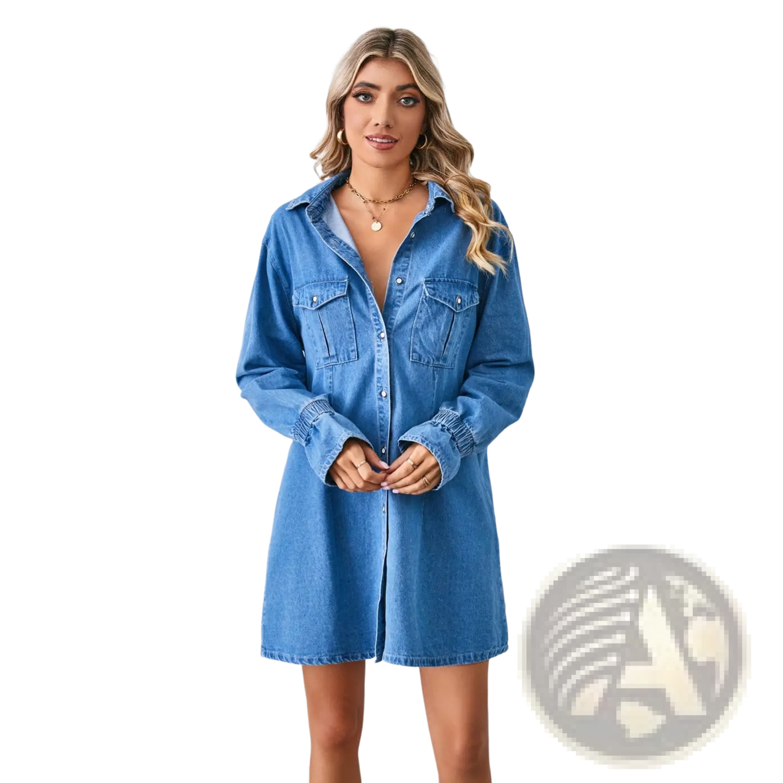 Blue denim a-line shirt dress with button front and two chest pockets featuring a loose long sleeve design