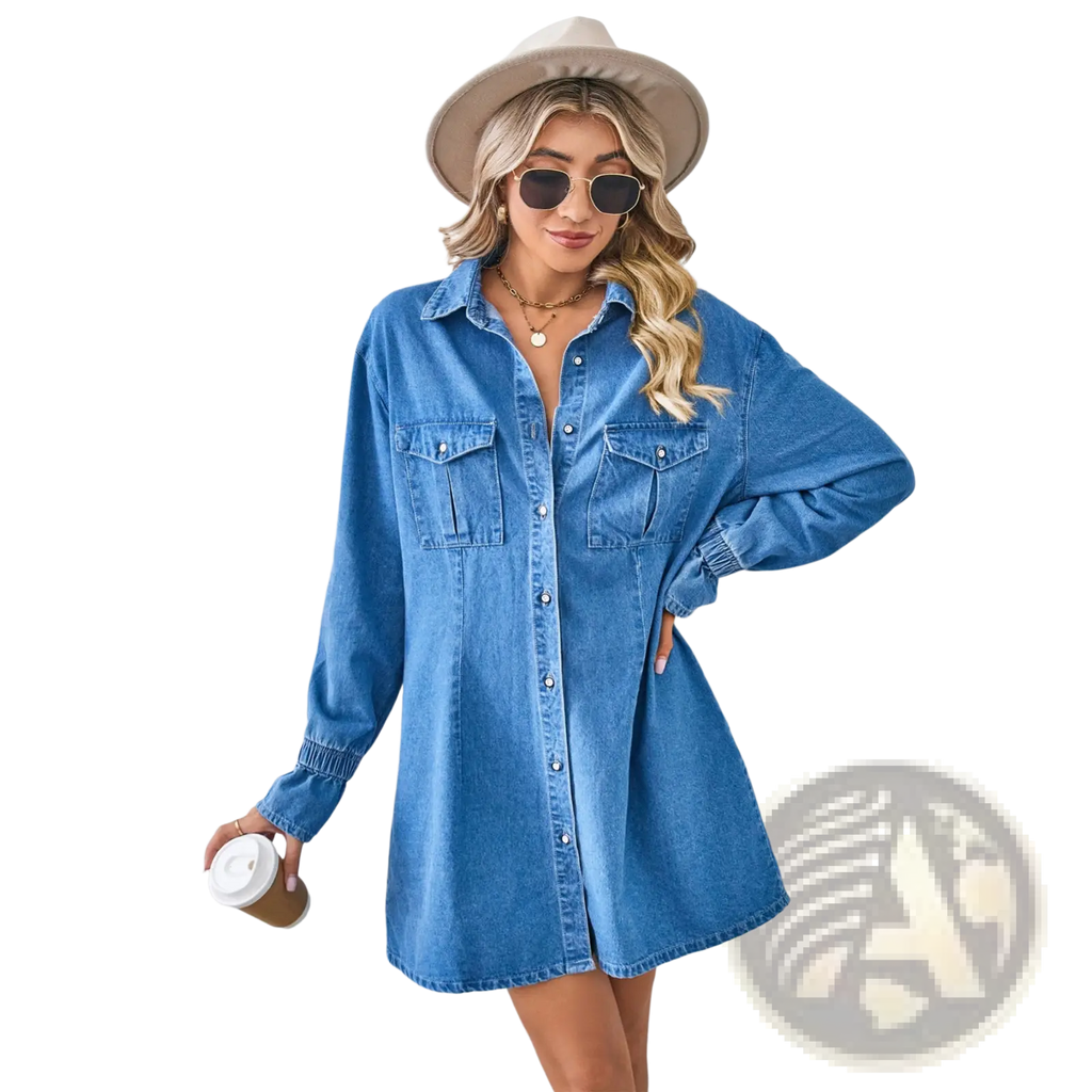 Blue denim loose long sleeve a-line shirt dress with button front and two chest pockets for casual wear