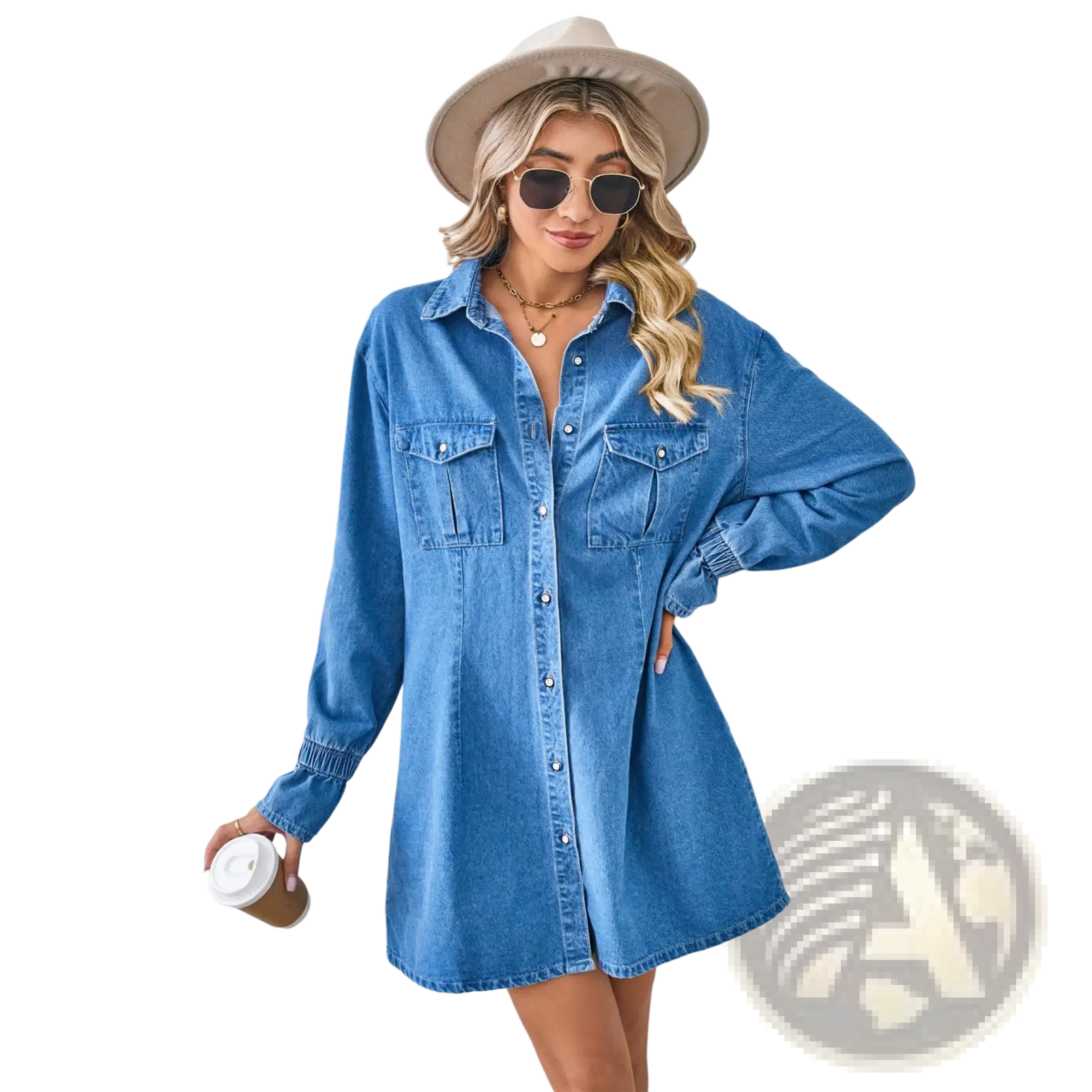 Blue denim loose long sleeve a-line shirt dress with button front and two chest pockets for casual wear