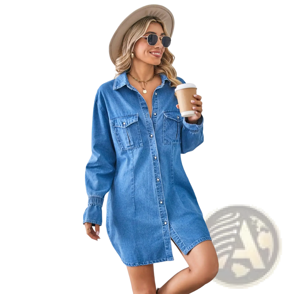 Blue denim shirt dress with button front chest pockets long sleeves and loose a-line silhouette