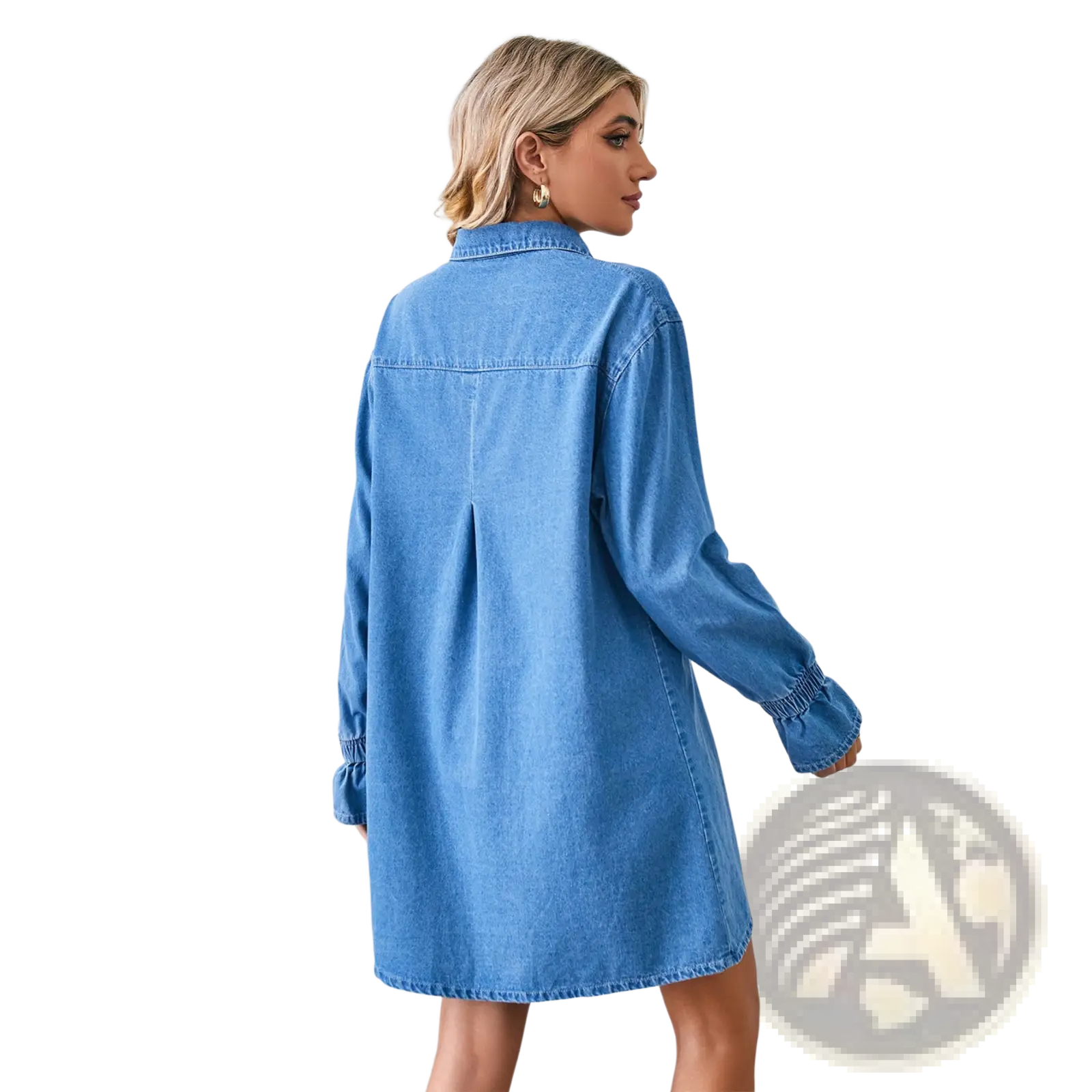 A light blue loose long sleeve denim a-line shirt dress with button-up collar made of denim material