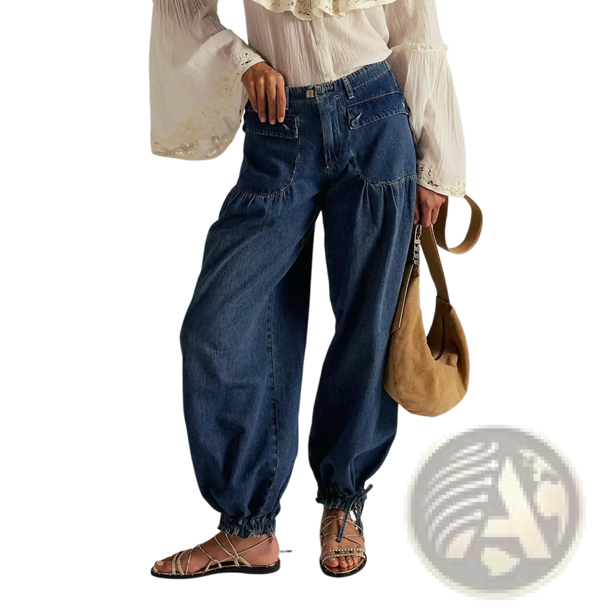 Dark blue denim loose mid waist straight casual jeans for women with relaxed wide-leg cut and gathered cuffs