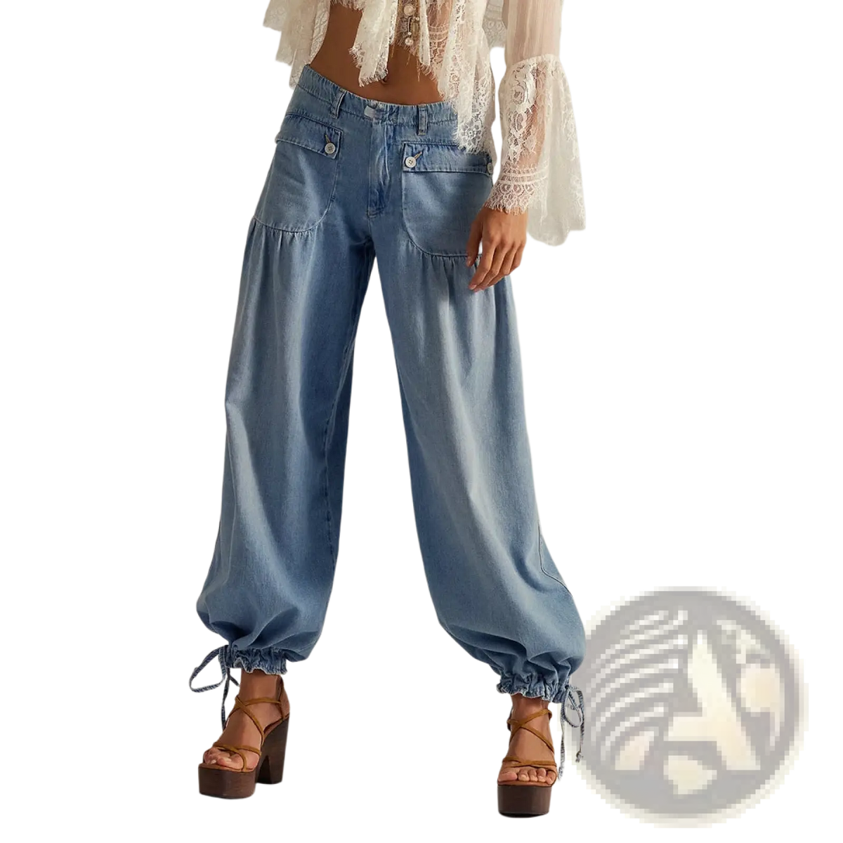 Loose mid waist straight casual jeans for women in light-wash denim with a relaxed wide-leg cut and drawstring cuffs
