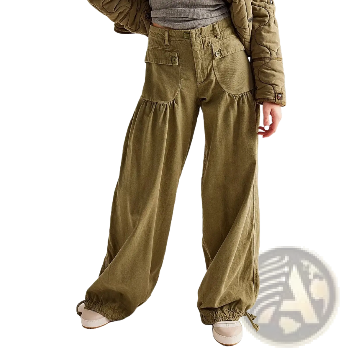 Olive green corduroy loose mid waist wide-leg pants with elastic cuffs and front pockets for casual wear