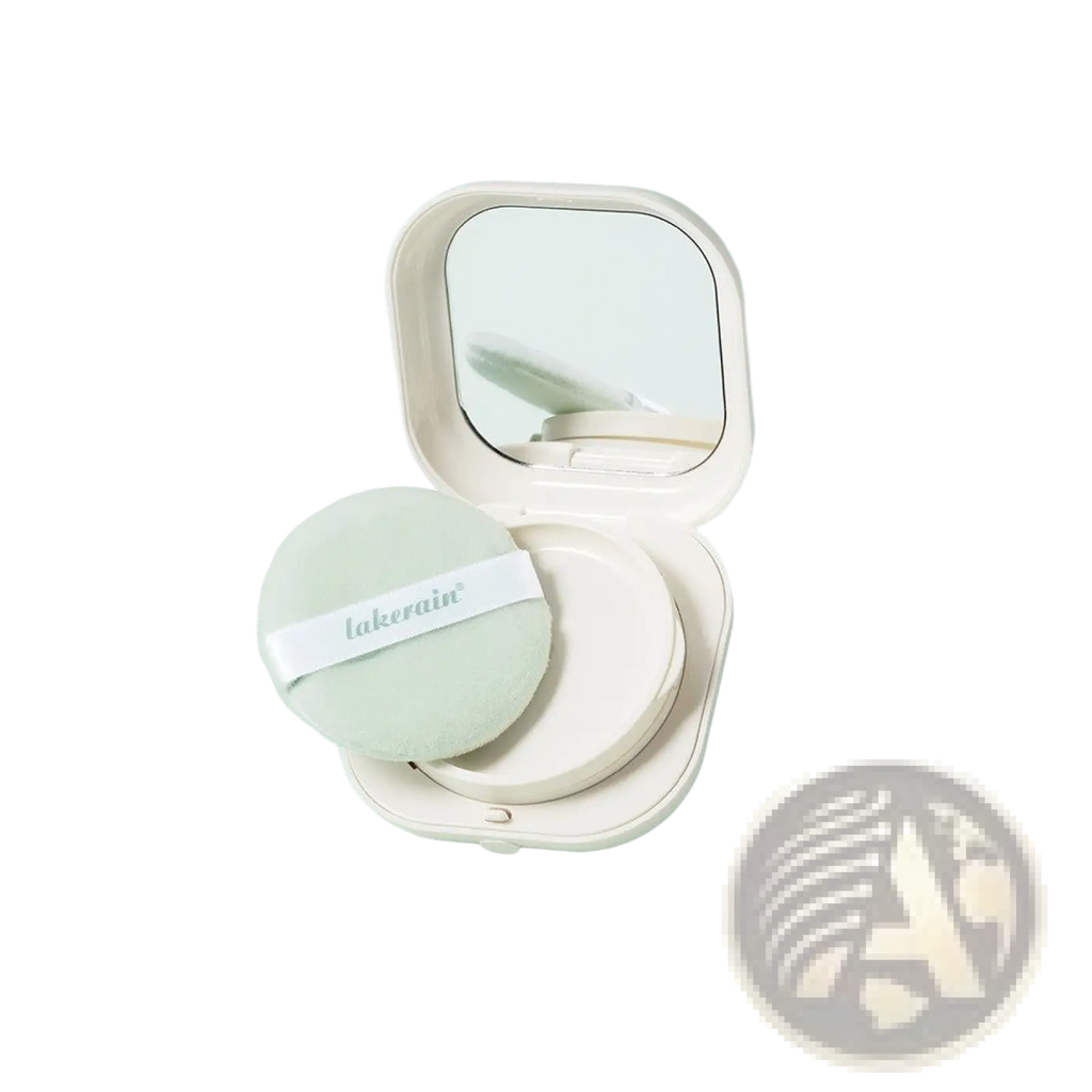 Loose powder lakerain soft focus blurring setting case in off-white with rounded mirror and soft puff compact design