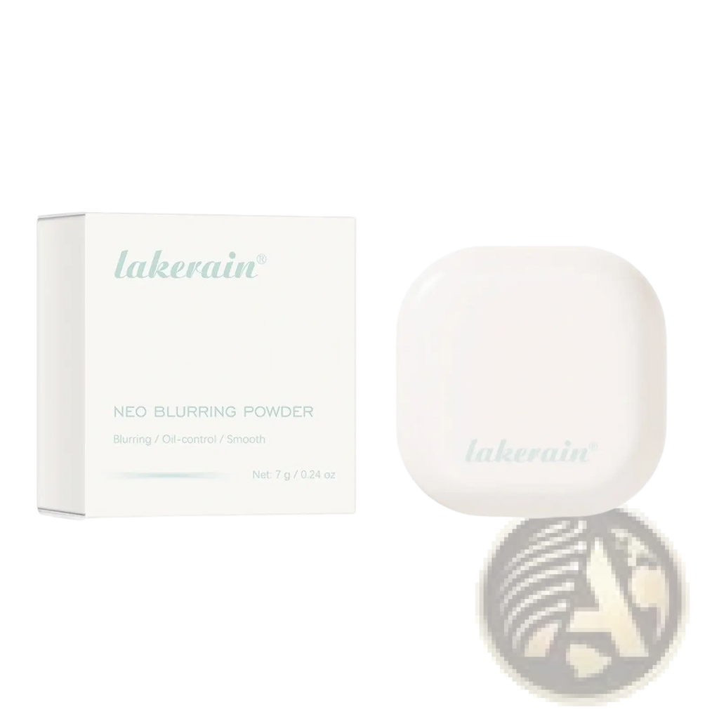 Loose powder Lakerain soft focus blurring setting case in sleek white compact with minimalist branding