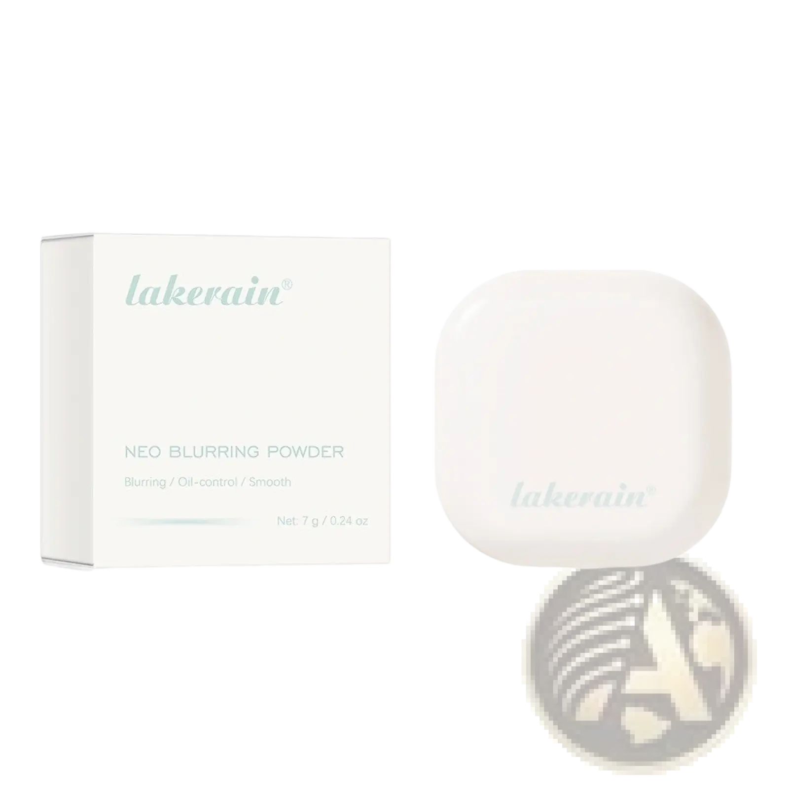 Loose powder Lakerain soft focus blurring setting case in sleek white compact with minimalist branding