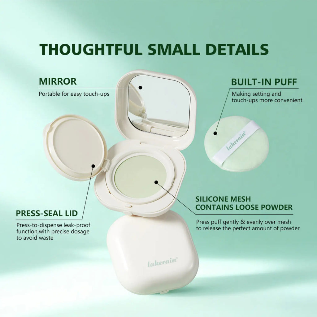 Cream-colored compact loose powder case with built-in mirror and puff for soft focus blurring setting by Lakerain