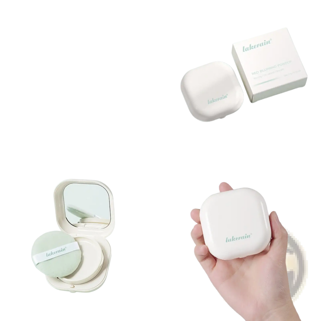 White compact powder case with minimalist design and subtle mint green branding for loose powder setting use