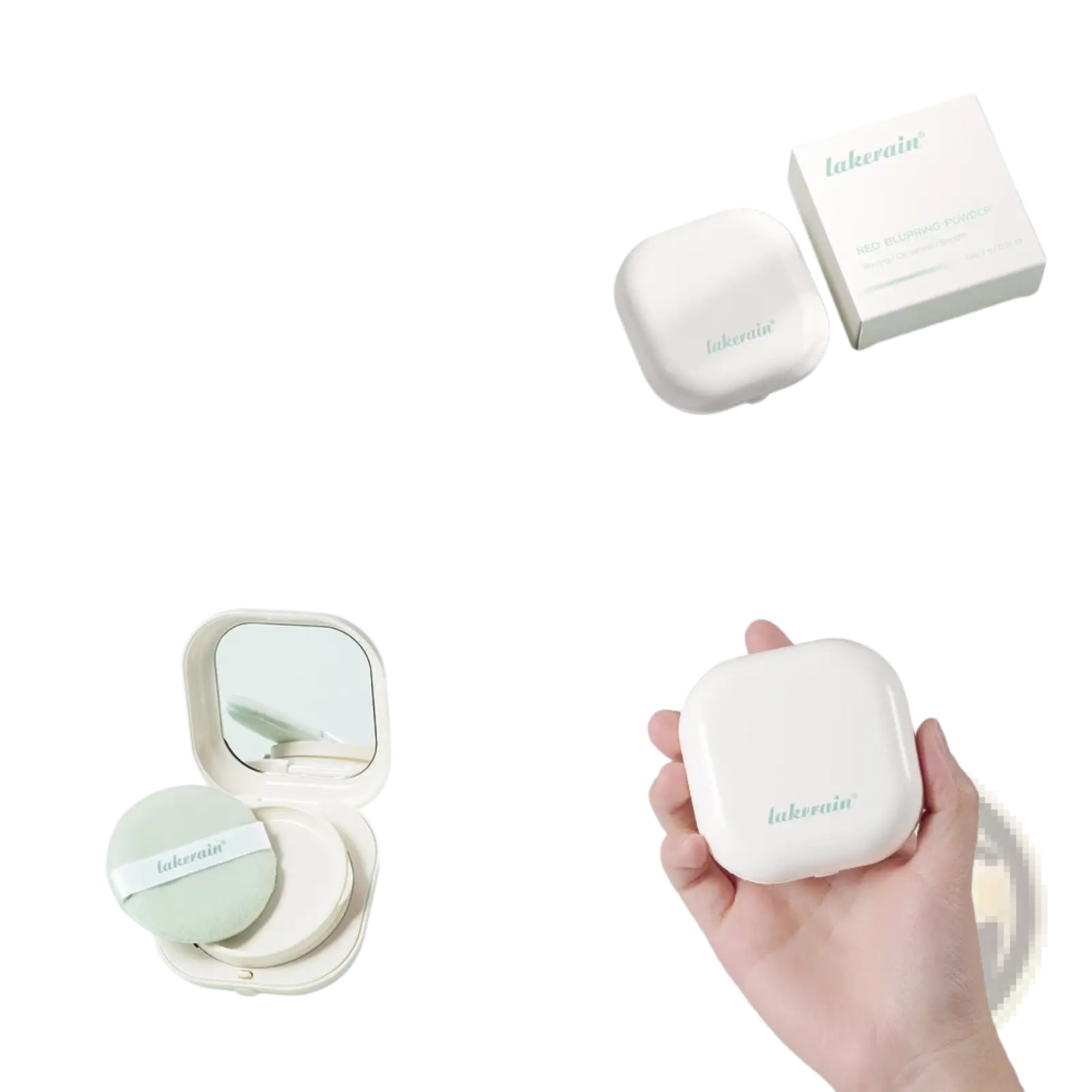White compact powder case with minimalist design and subtle mint green branding for loose powder setting use